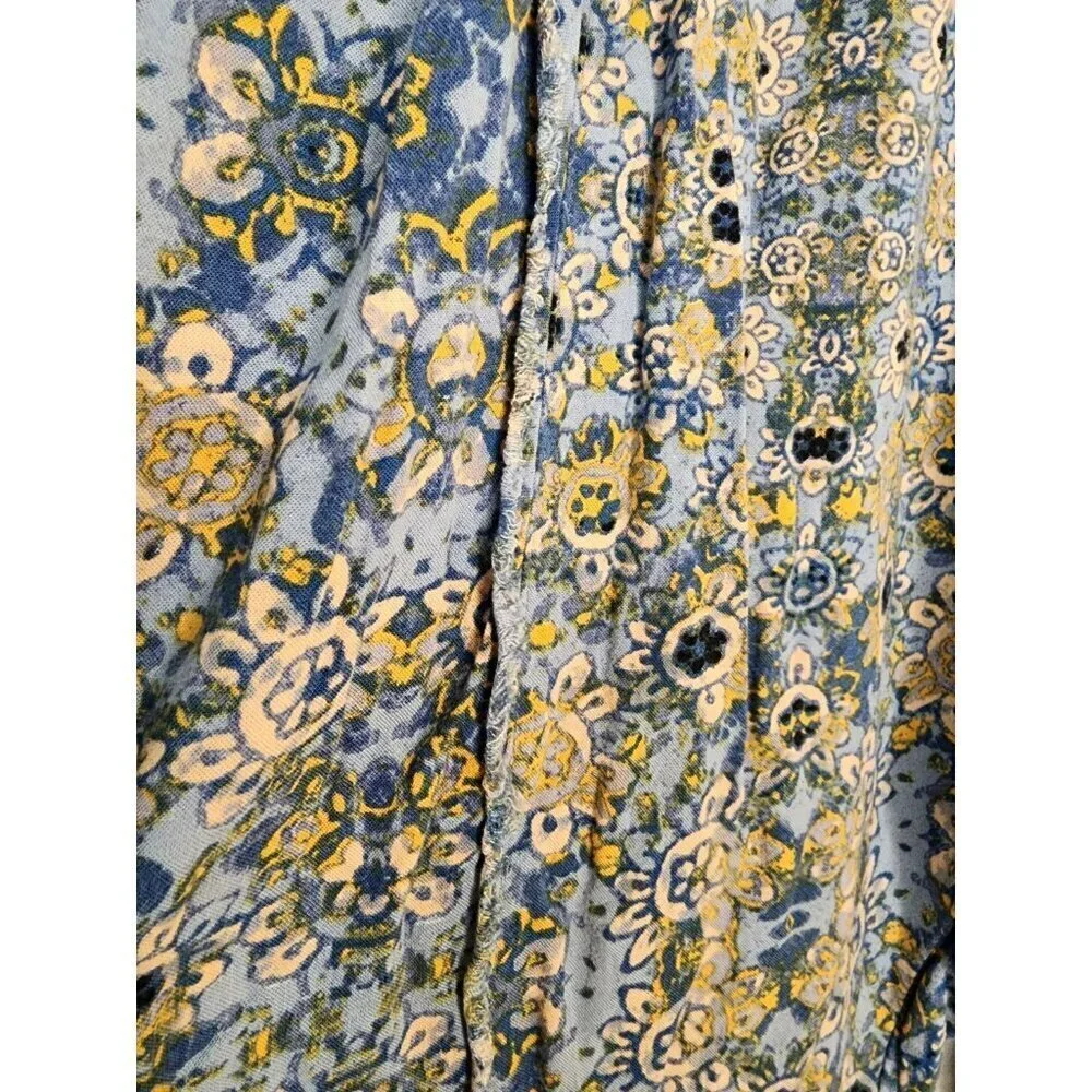 Free People Size XS Blue Mandala Paisley Linen Blend Pants Stretch